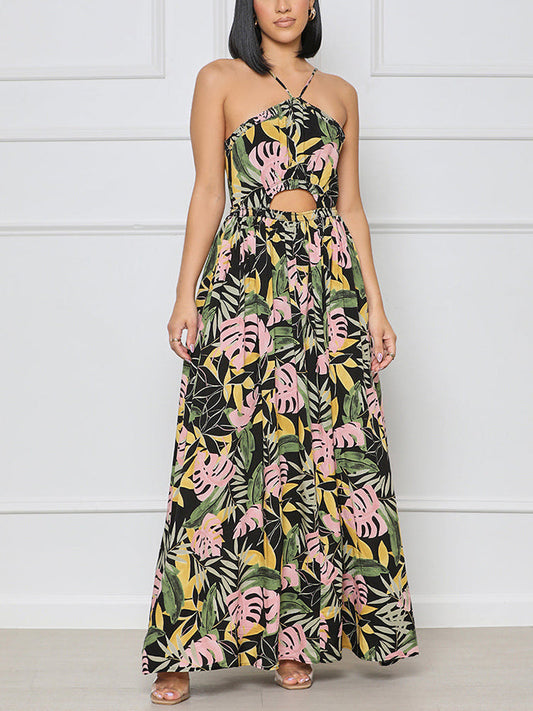 Tropical Elegance: Halter Maxi Dress with Sheath Silhouette